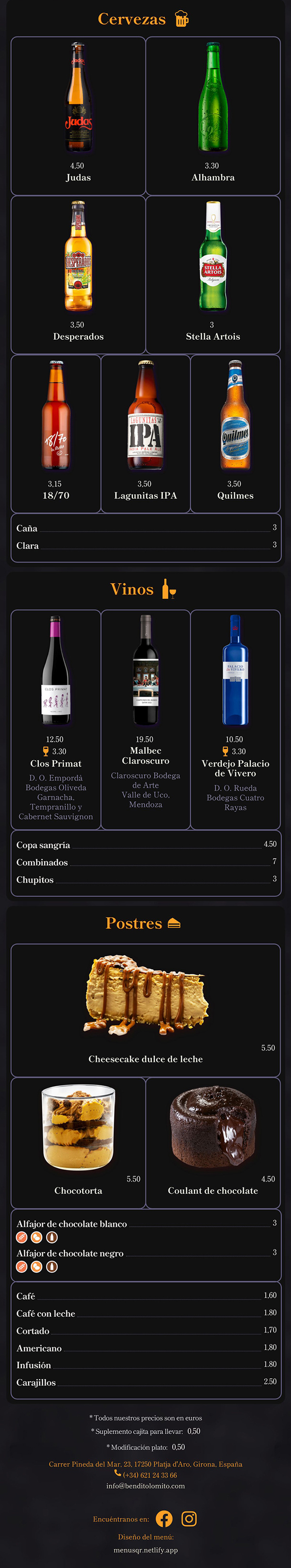 Menu QR Bendito Lomito bebidas